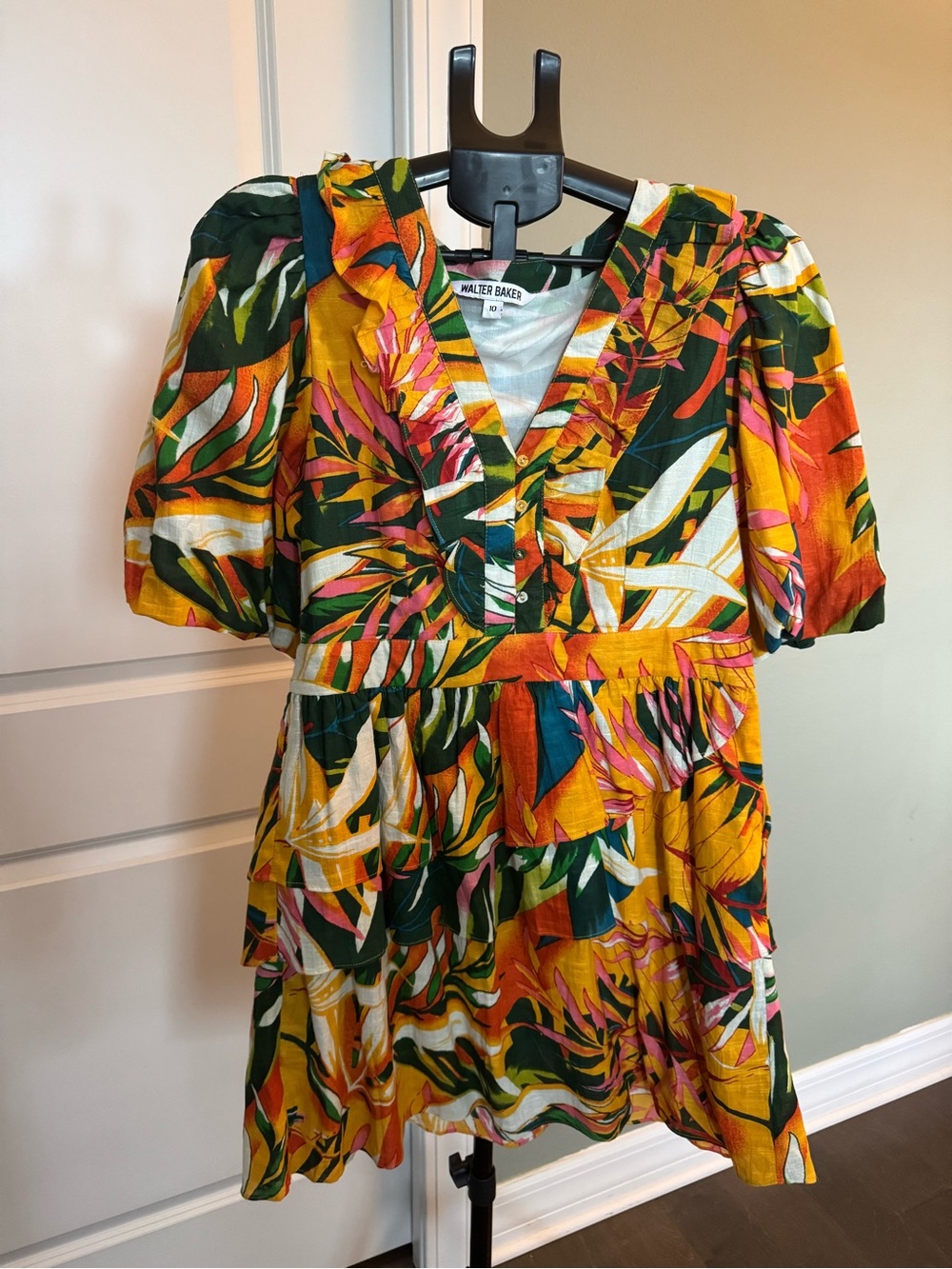 Walter Baker Tropical Print Puff Sleeve Dress in Yellow, Green & Orange